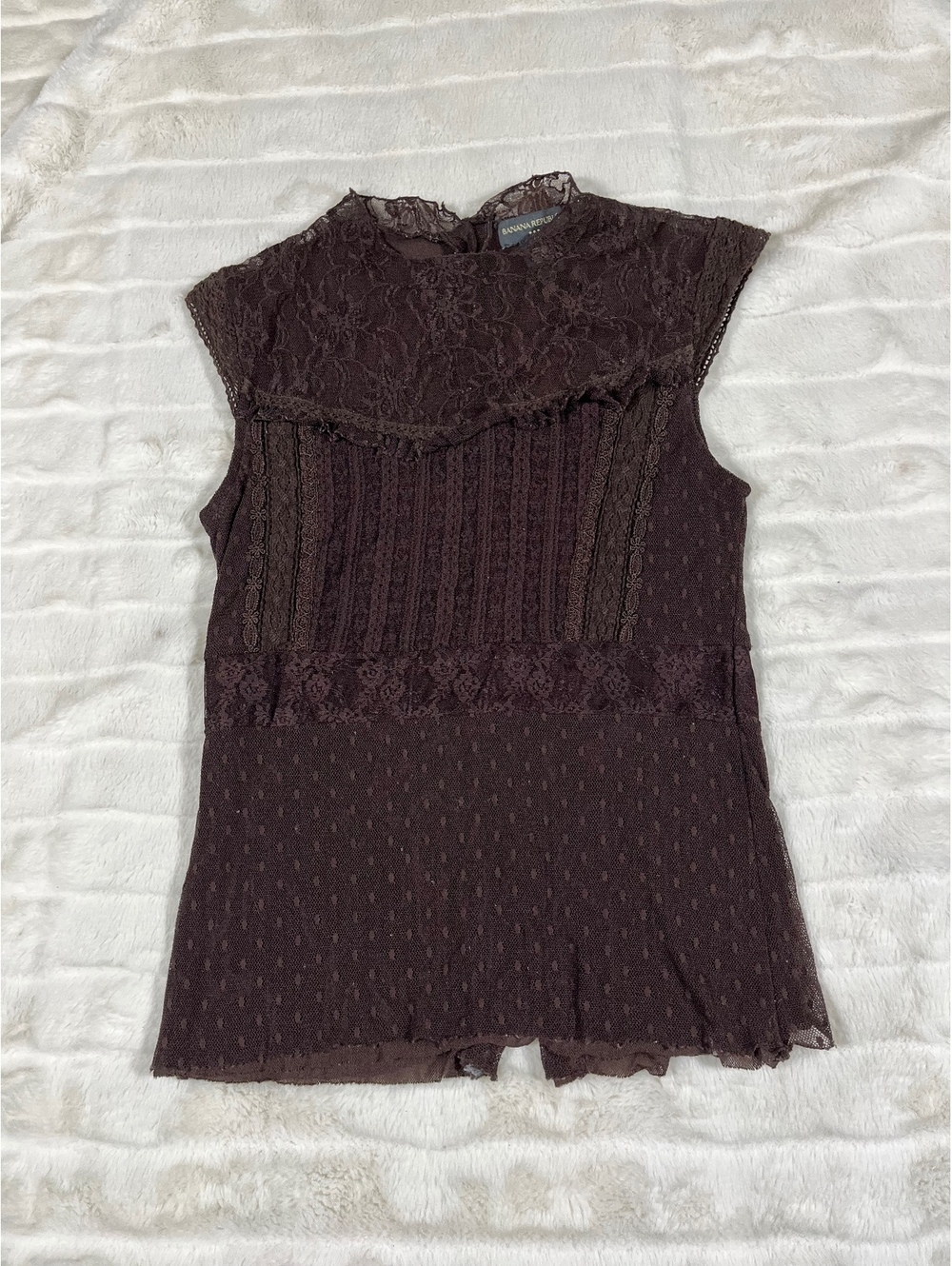 Banana Republic S Brown Lace Slim Stretchy Work Fall Academia Button Back Top